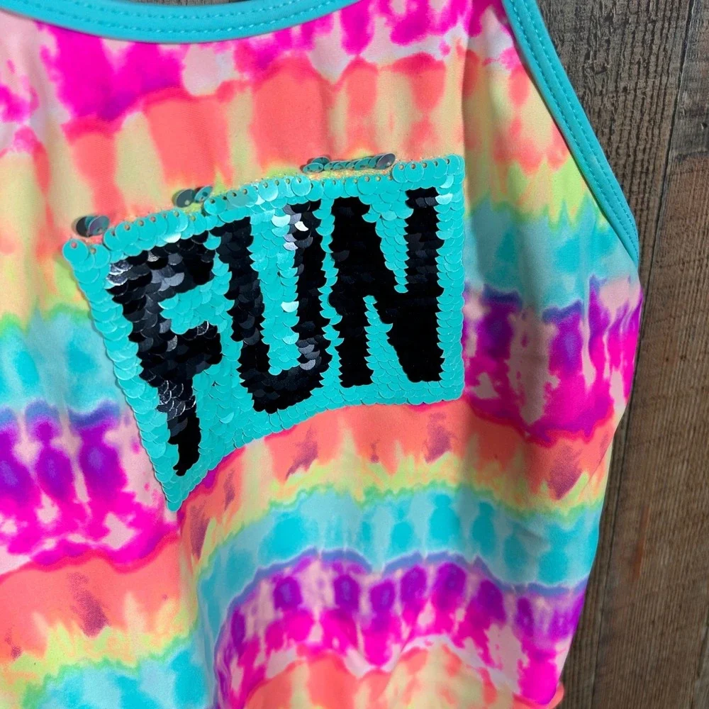 Wonder Nation Girls 10-12 Tie Dye One Piece Swimsuit Sequin Bathing Suit